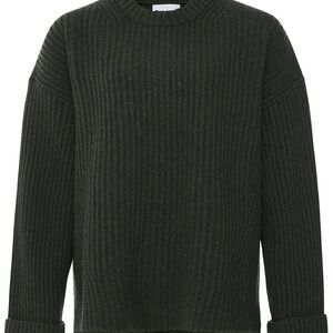 Ganni Dark Green Ribbed Crewneck Sweater